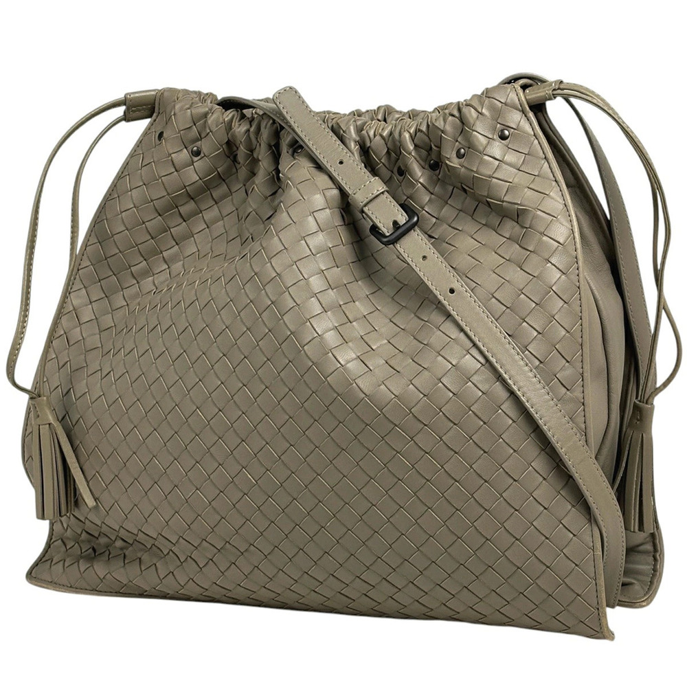 Bottega Veneta Intrecciato Shoulder Bag Drawstring Leather Greige Gray
